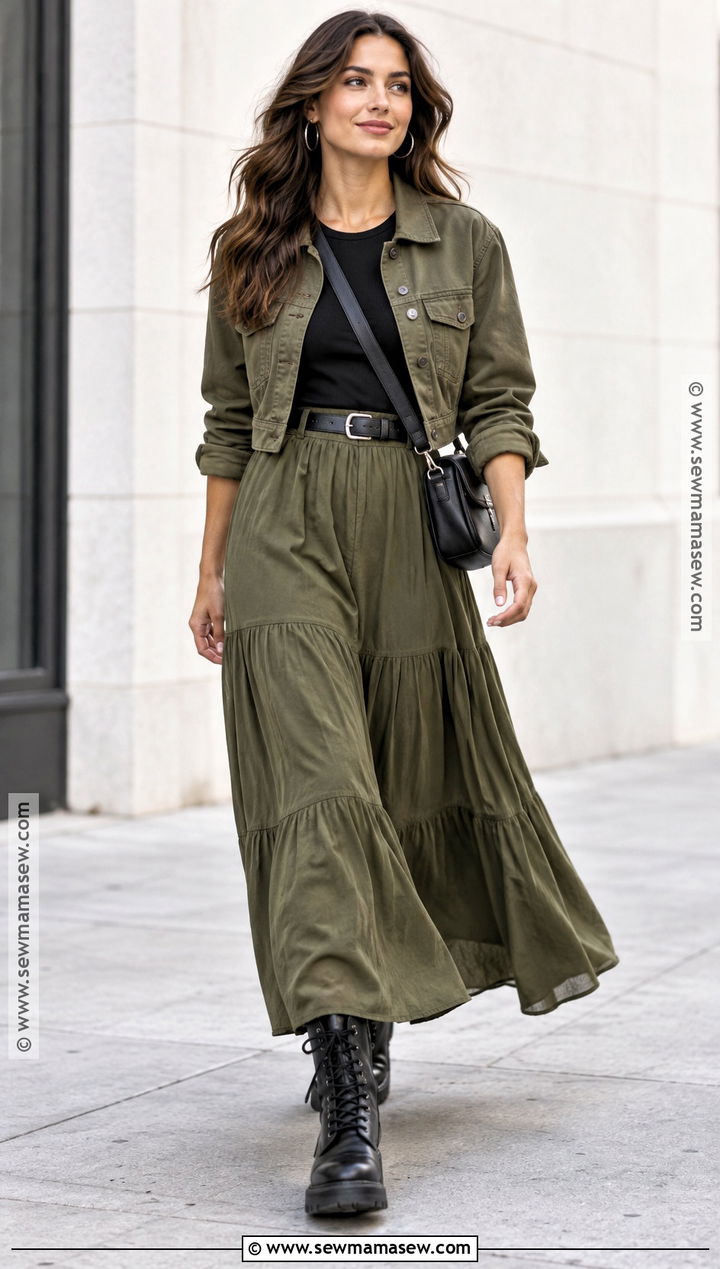 Olive Green Maxi Skirt With Cropped Jacket And Combat Boots - 20 olive green skirt outfit fall ideas
