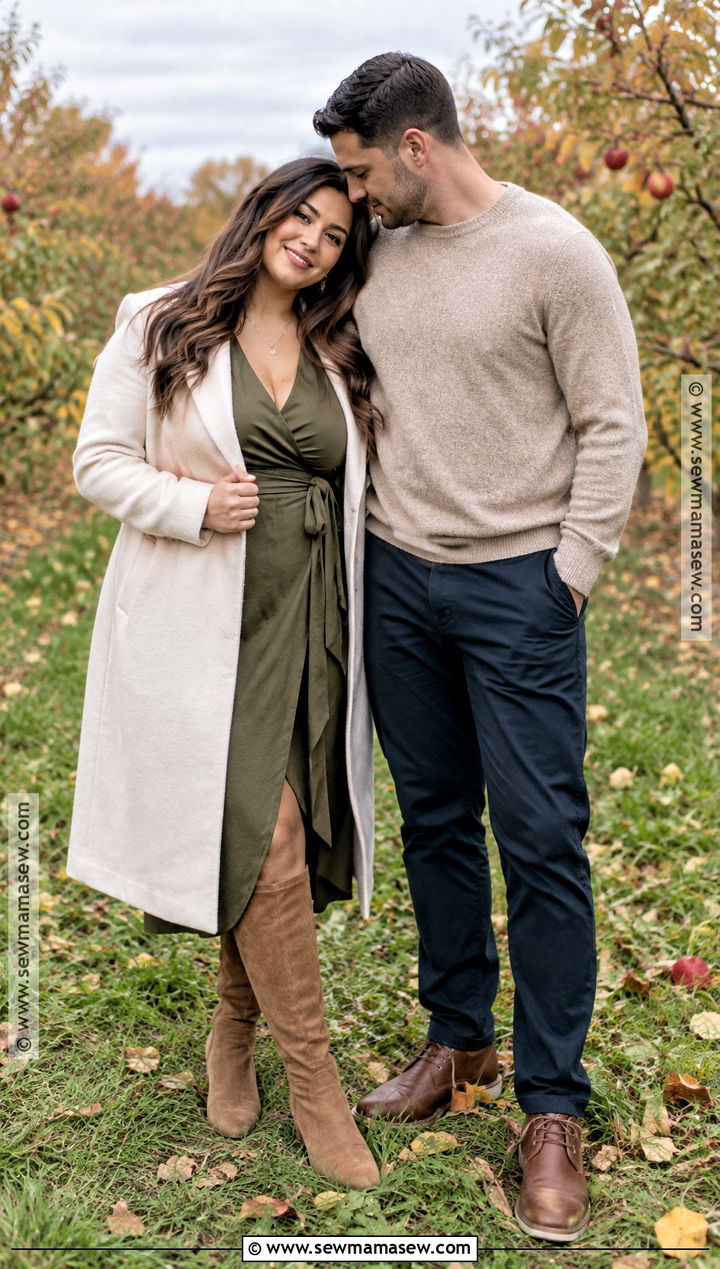 Olive Green Midi Dress Fall Engagement Shoot Outfit - 20 engagement shoot outfit fall ideas