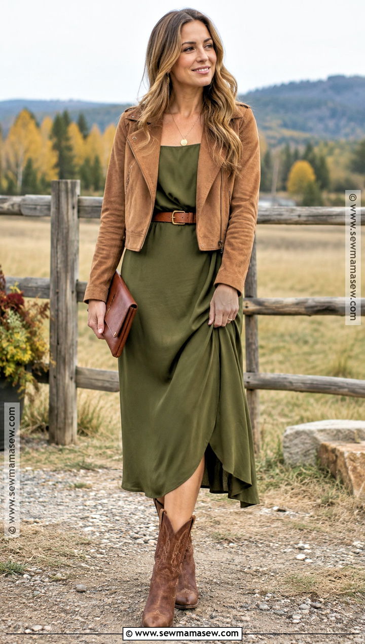 Olive Green Midi Dress With Camel Suede Jacket - 20 fall western wedding guest outfit ideas