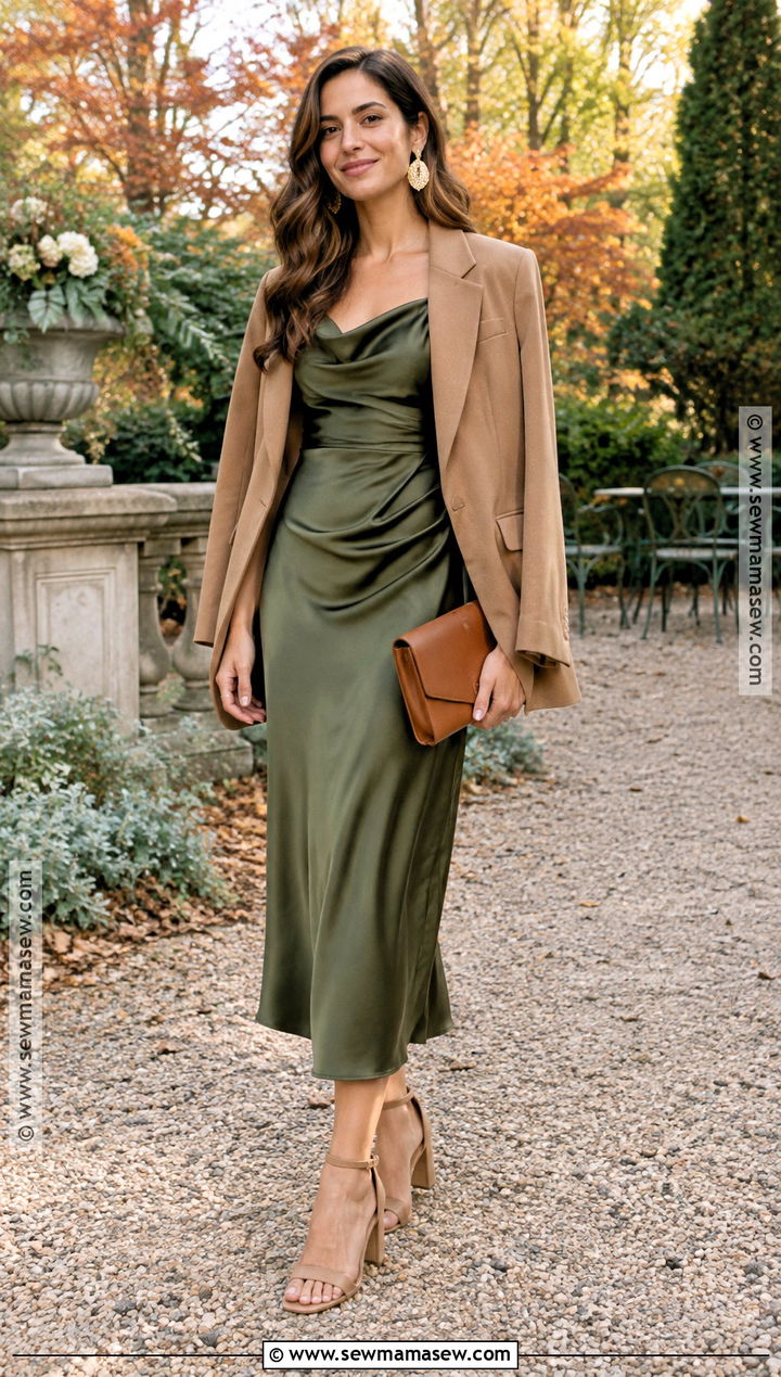 Olive Green Midi October Wedding Outfit - 20 october wedding outfit ideas