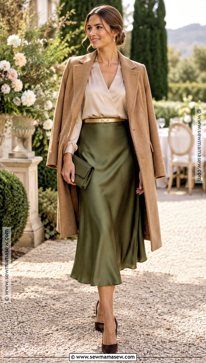 Olive Green Midi Skirt Wedding Guest Outfit - 20 wedding guest autumn outfit ideas