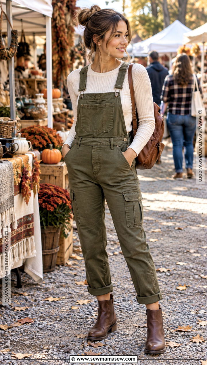 Olive Green Overalls With a Ribbed Top - 25 olive green fall outfits
