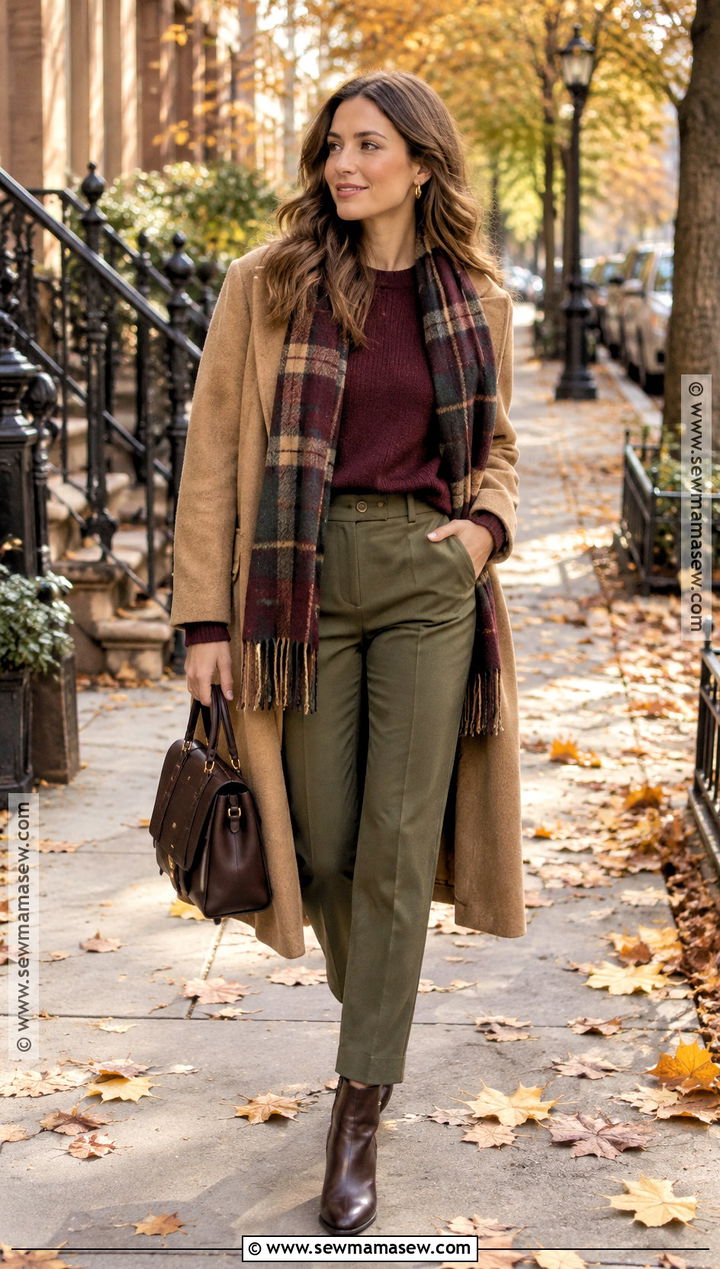 Olive Green Pants With Burgundy Sweater and Brown Boots - 20 green pants fall outfit
