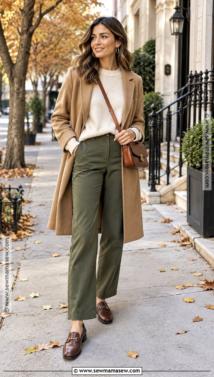 Olive Green Pants With Cream Sweater and Loafers - 20 green pants fall outfit
