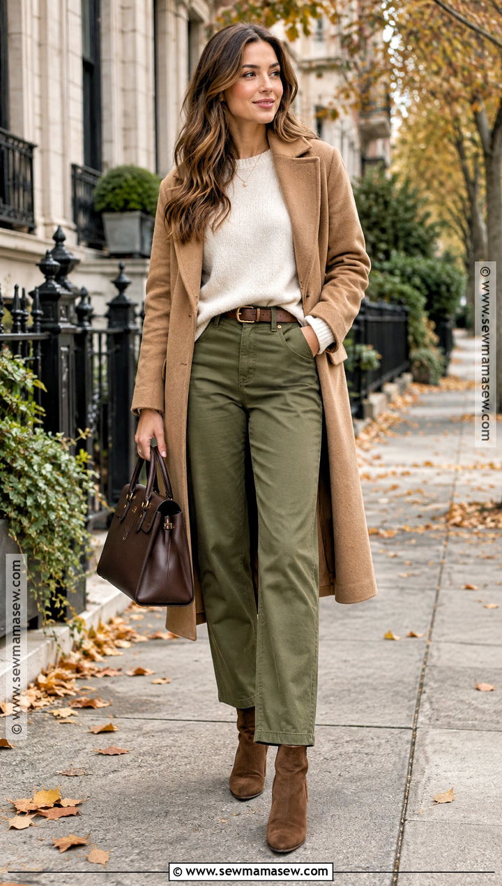 Olive Green Pants With Cream Sweater - 20 green pants outfit fall