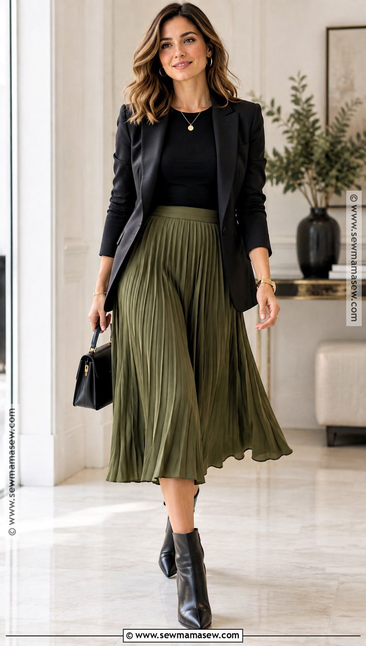 Olive Green Pleated Skirt With a Black Blazer - 25 olive green fall outfits