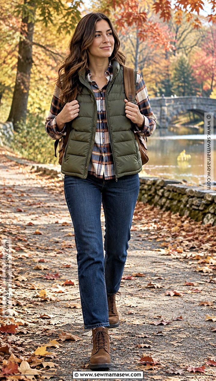 Olive Green Puffer Vest With a Plaid Shirt - 25 olive green fall outfits