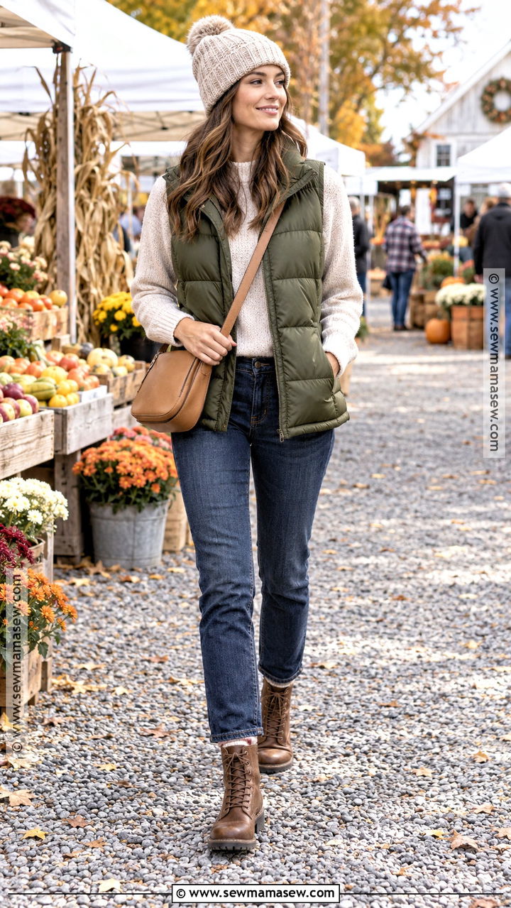 Olive Green Puffer Vest and Jeans Outfit - 20 Green Fall Outfits for Women