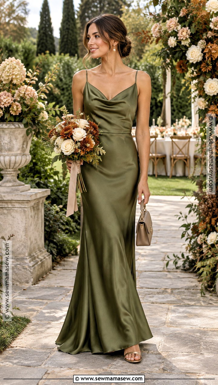 Olive Green Satin Bridesmaid Dress - 15 fall tones bridesmaid dresses