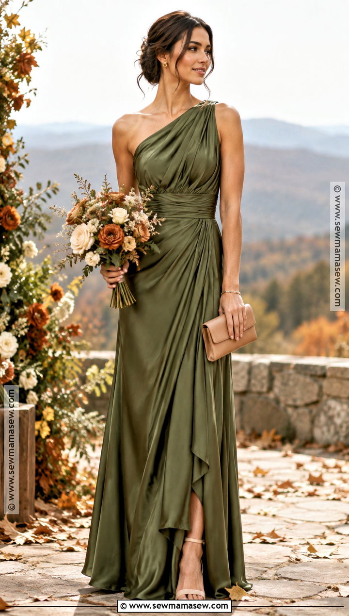 Olive Green Satin Bridesmaid Dress - 15 Autumn Themed Bridesmaid Dresses