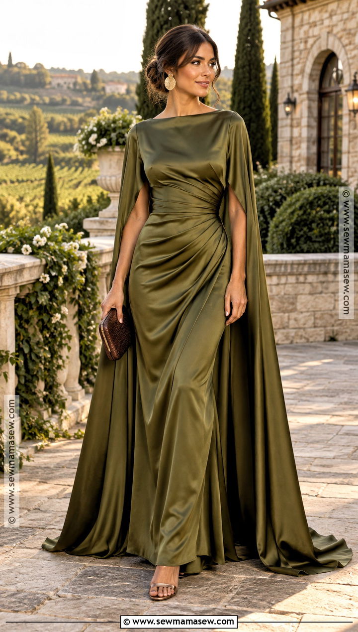 Olive Green Satin Cape Dress - 25 black tie wedding guest dress fall ideas
