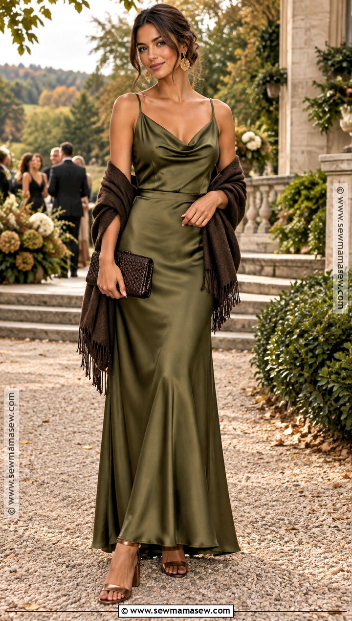 Olive Green Satin Maxi Dress - 15 fall wedding different color dresses
