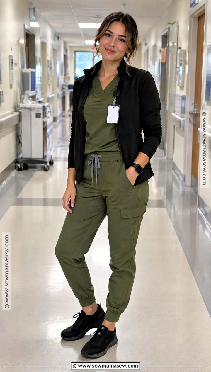 Olive Green Scrubs With Black Zip Jacket - 20 Fall Scrub Outfits