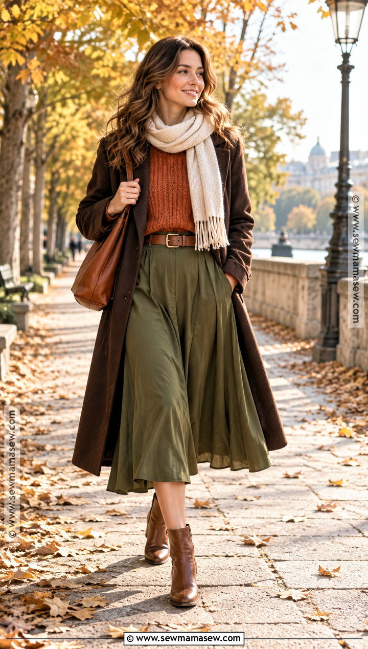 Olive Green Skirt With Rust Sweater And Cognac Boots - 20 olive green skirt outfit fall ideas