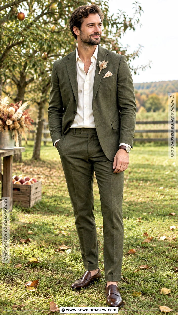 Olive Green Suit Fall Groom Outfit - 15 casual fall groom attire ideas