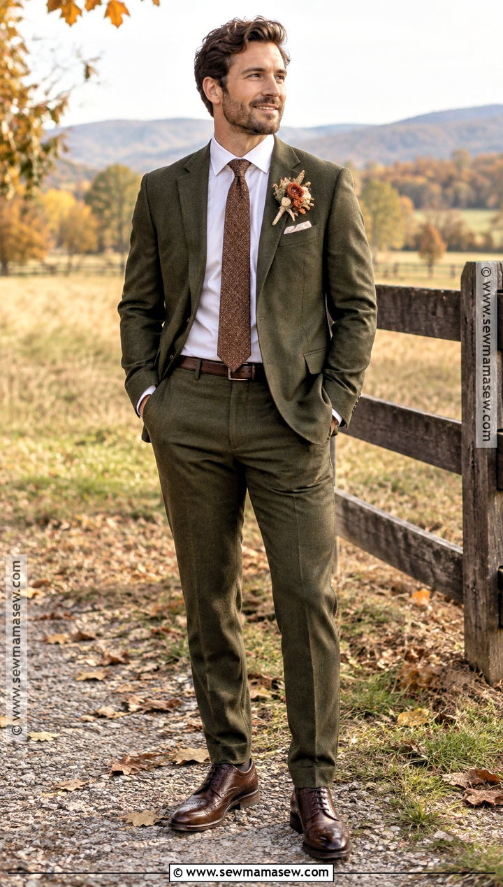 Olive Green Suit Groom Attire - 15 fall country wedding groom attire ideas