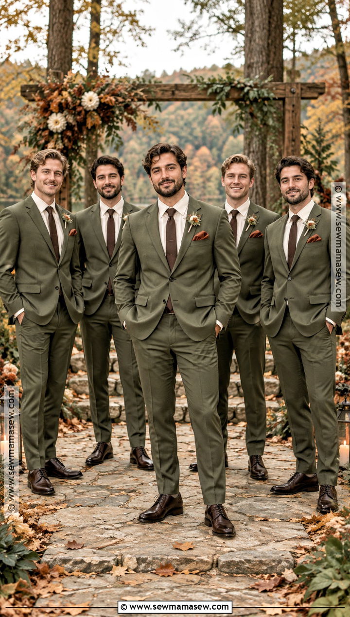 Olive Green Suit With Brown Shoes Groomsmen Attire - 15 country fall wedding groomsmen attire ideas