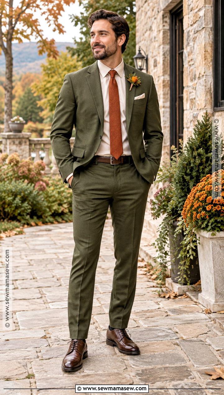 Olive Green Suit With Burnt Orange Tie - 15 fall groom attire burnt orange ideas