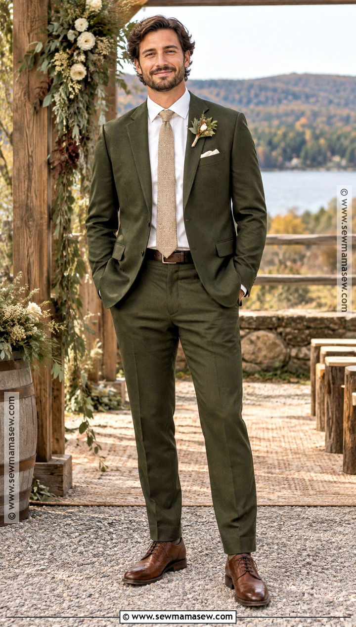 Olive Green Suit With Champagne Tie - 15 fall wedding tux groom attire green ideas