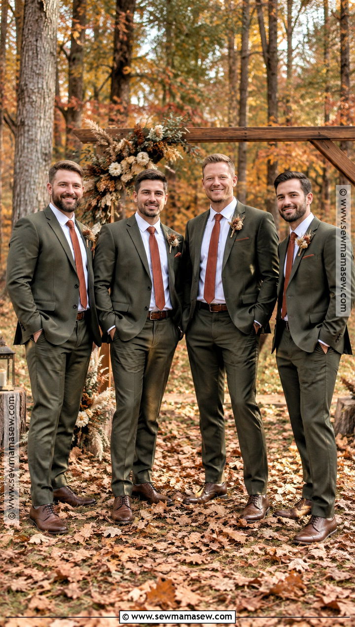 Olive Green Suit With Rust Tie - 20 fall groomsmen attire rustic ideas