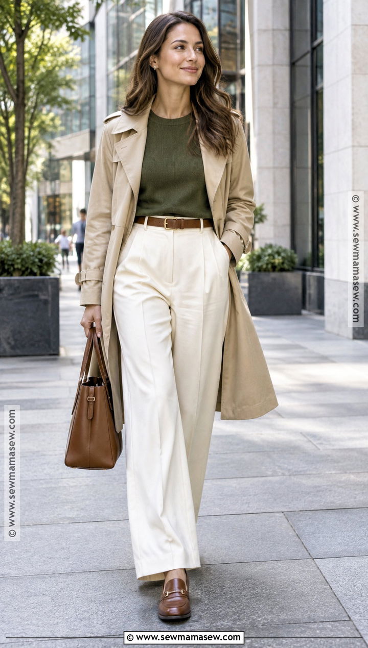 Olive Green Sweater With Cream Trousers - 15 Cozy Green Sweater Fall Ideas
