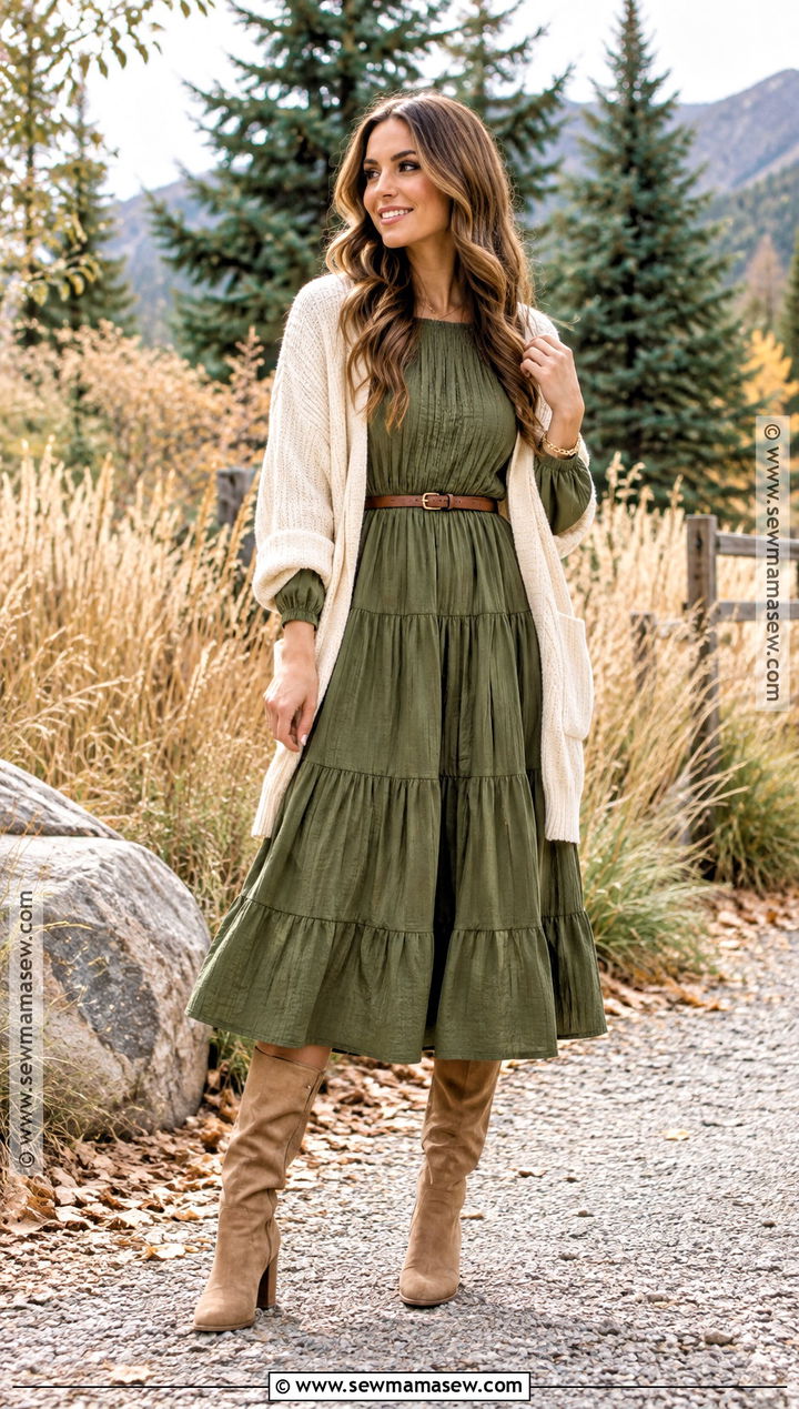 Olive Green Tiered Dress With Suede Boots - 15 Fall Picture Dresses for Women