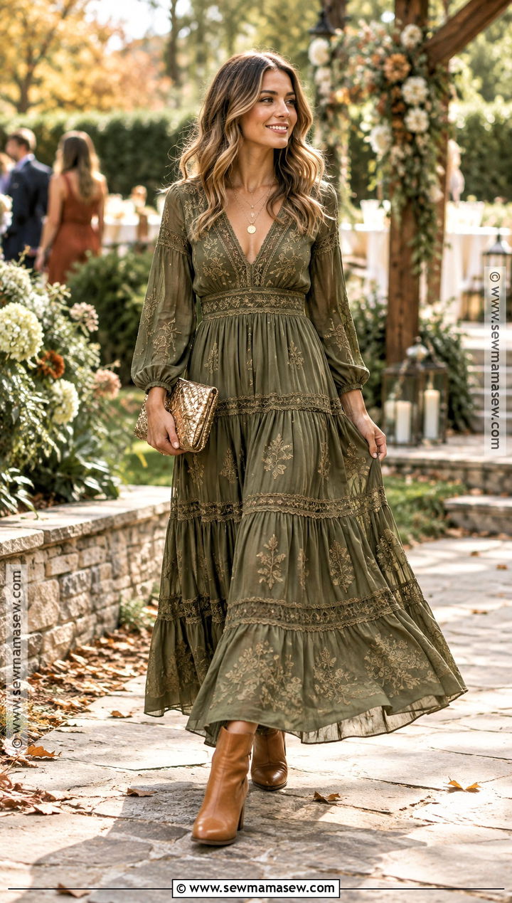 Olive Green Tiered Maxi Dress - 15 boho fall wedding guest dress ideas