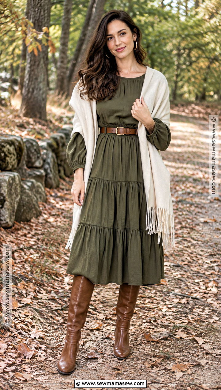 Olive Green Tiered Midi Dress Outfit - 20 fall dresses for family pictures