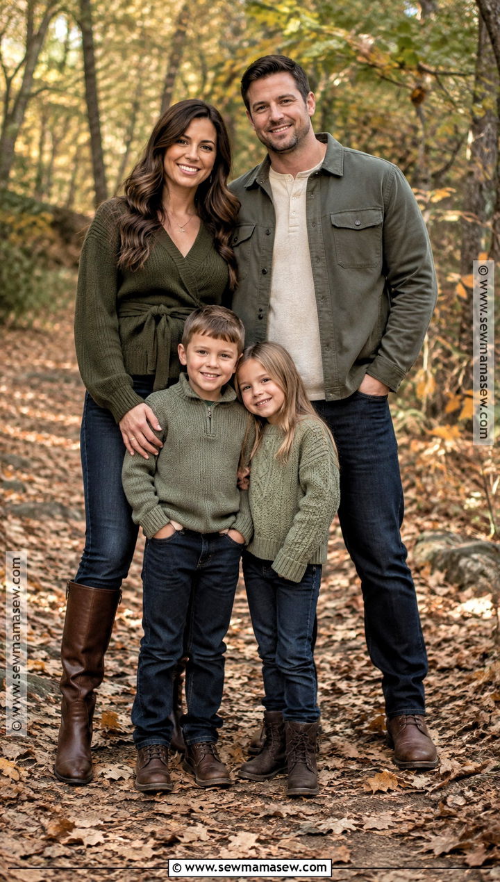 Olive Green Tops And Dark Jeans Family Outfit - 15 fall family photo outfits outdoor jeans