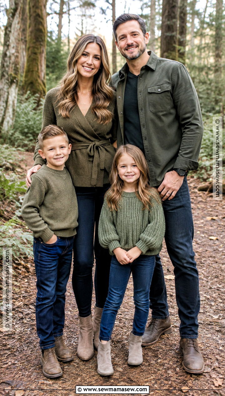 Olive Green Tops With Dark Jeans For Fall Family Photos - 20 fall family photos jeans