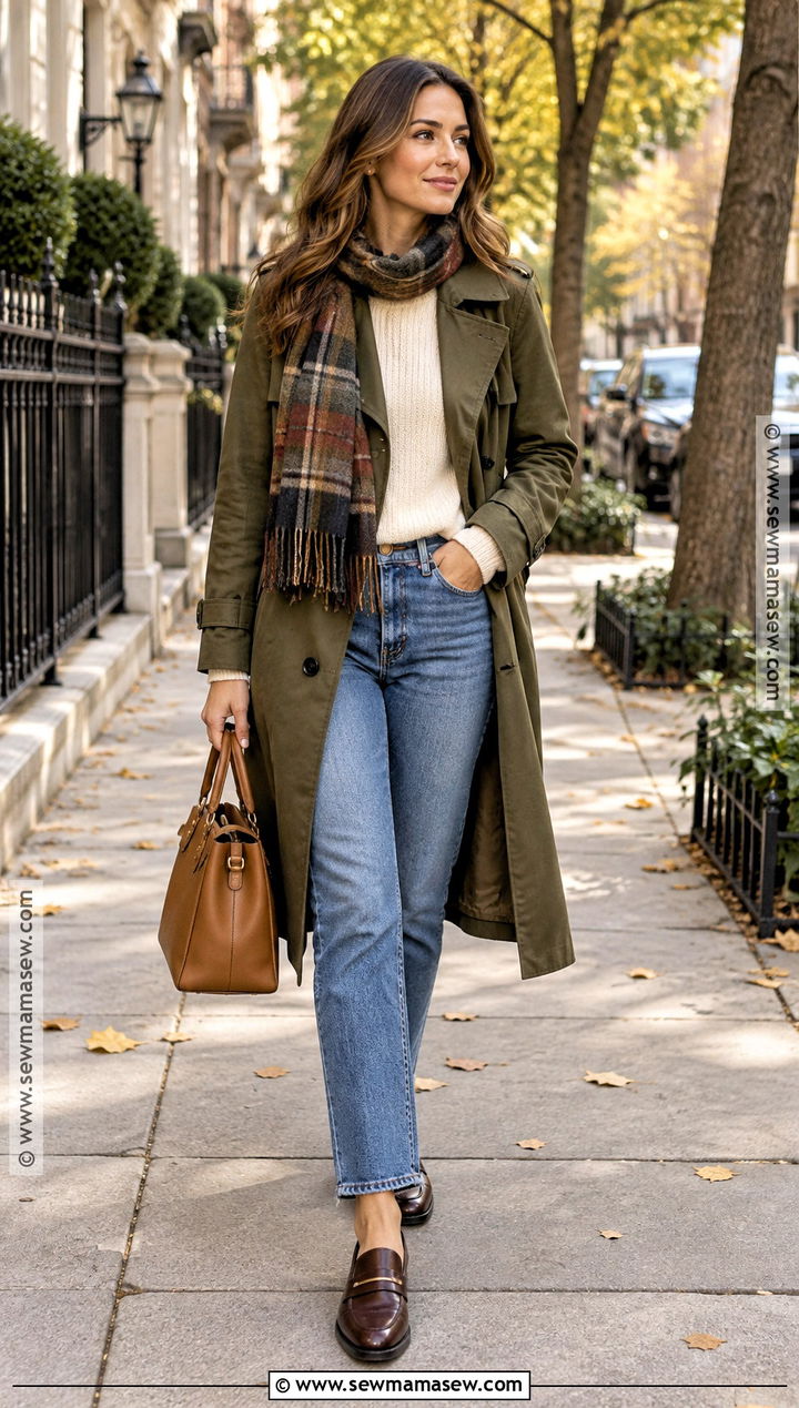 Olive Green Trench Coat Outfit - 15 Autumn Green Outfit Ideas