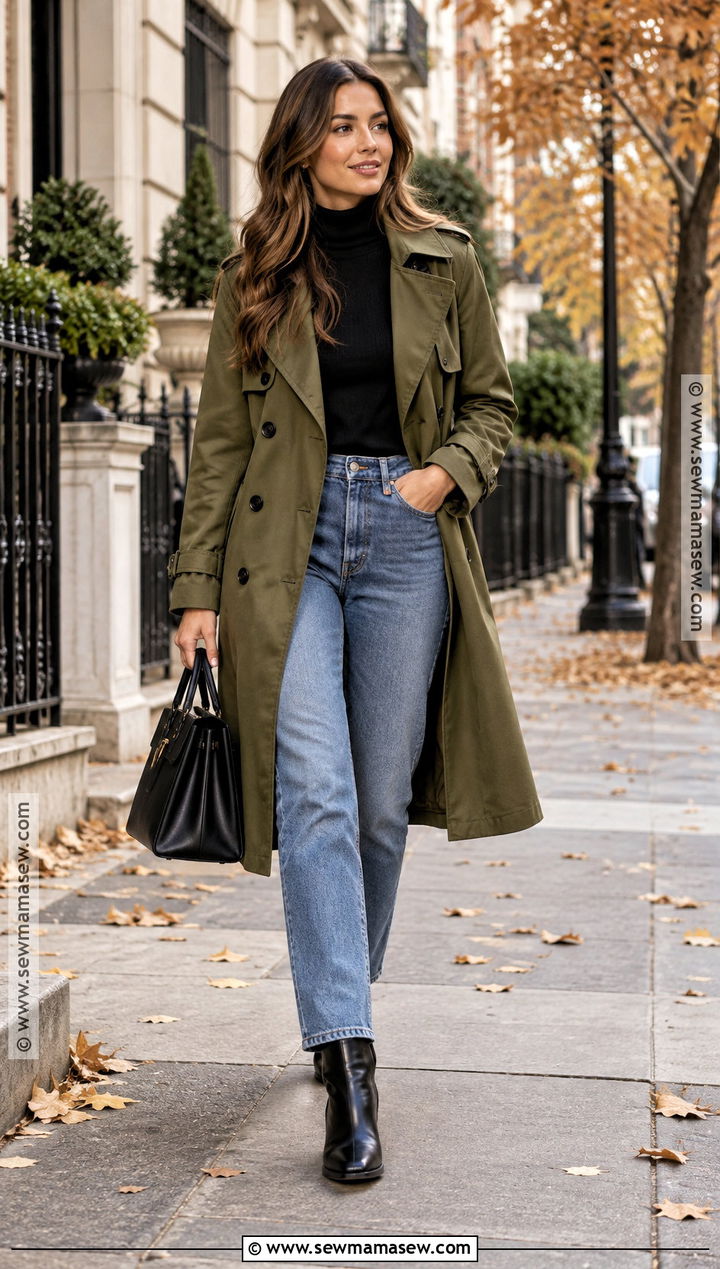 Olive Green Trench Coat With Black Turtleneck And Jeans - 15 olive green trench coat outfit fall ideas