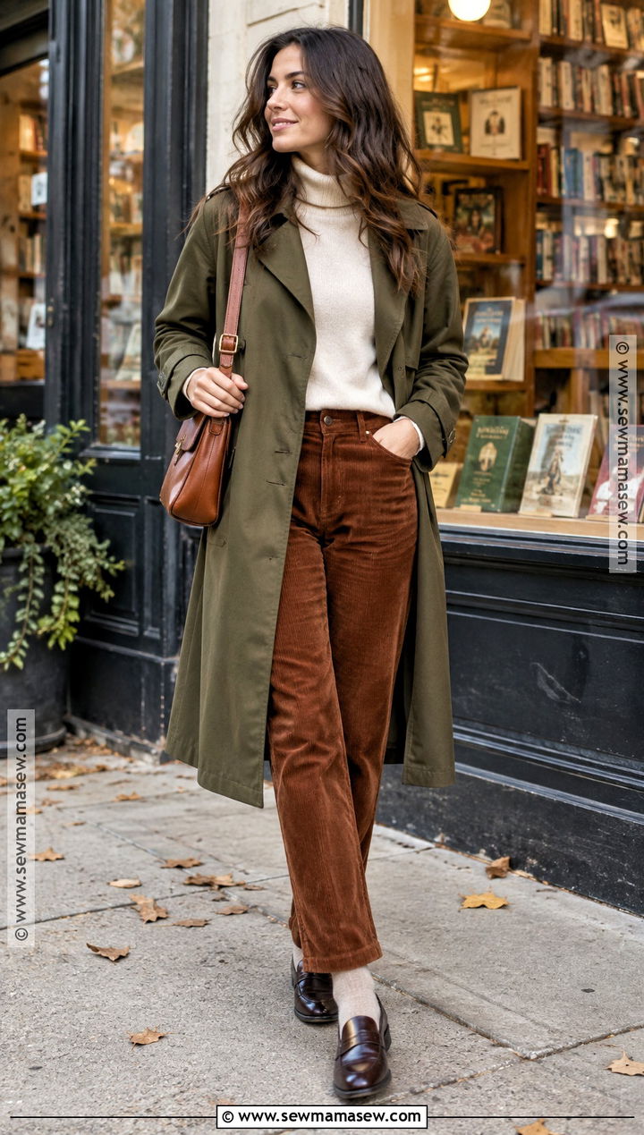 Olive Green Trench Coat With Corduroy Pants And Loafers - 15 olive green trench coat outfit fall ideas
