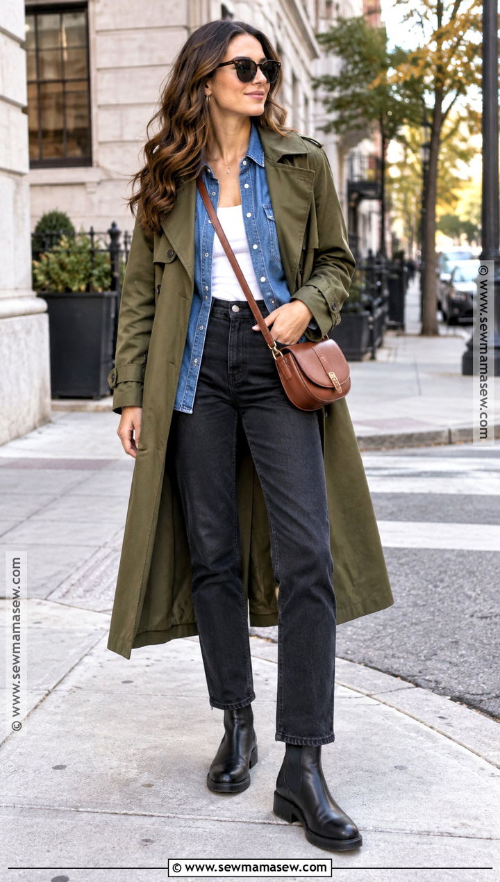 Olive Green Trench Coat With Denim Shirt And Black Jeans - 15 olive green trench coat outfit fall ideas