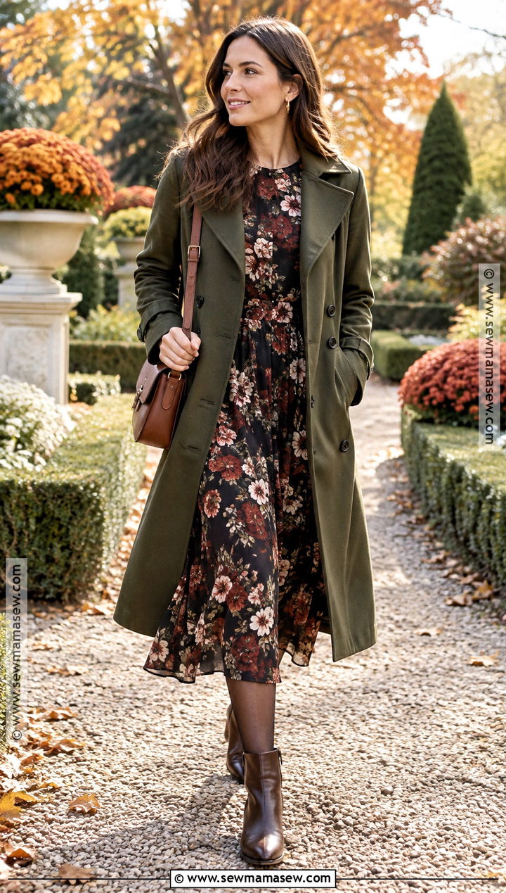 Olive Green Trench Coat With Floral Midi Dress And Boots - 15 olive green trench coat outfit fall ideas