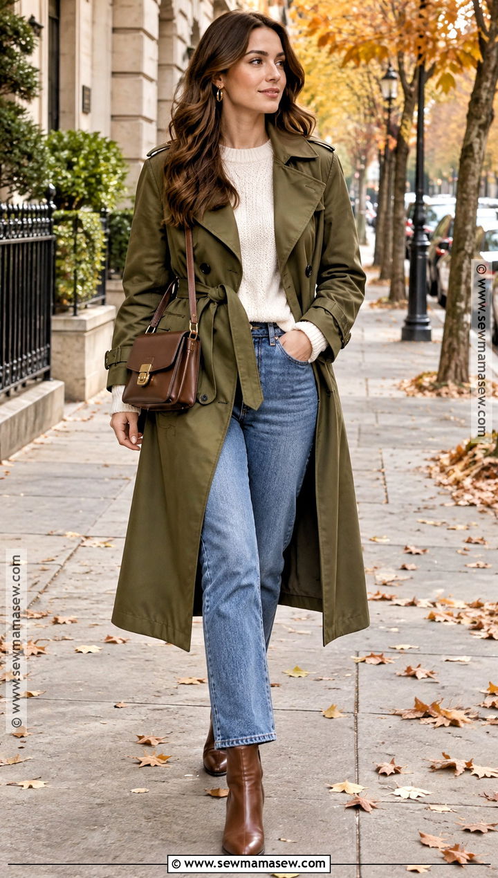Olive Green Trench Coat With Jeans - 15 green fall coat ideas