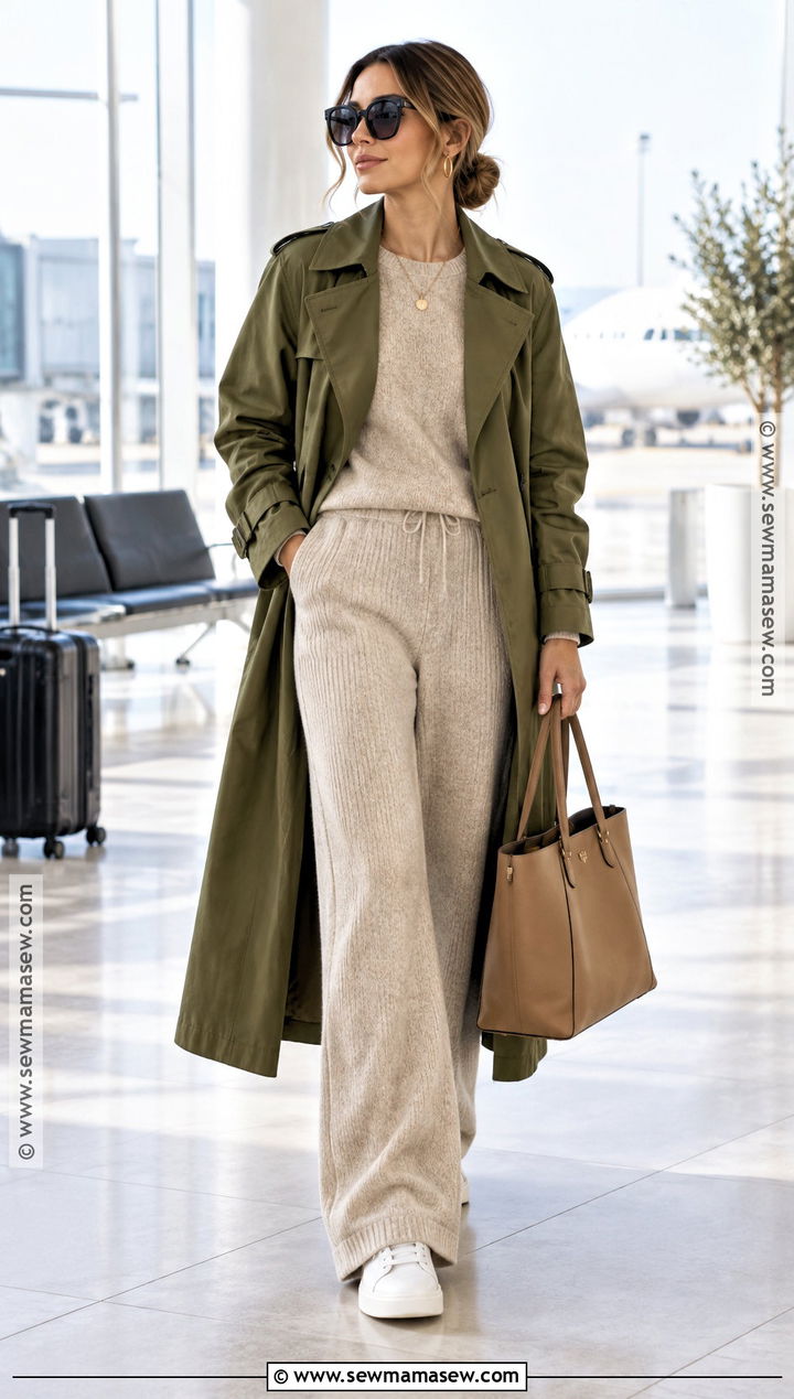Olive Green Trench Coat With Knit Set And Sneakers - 15 olive green trench coat outfit fall ideas