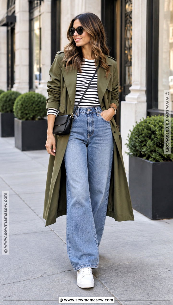 Olive Green Trench Coat With Striped Top And Wide Leg Jeans - 15 olive green trench coat outfit fall ideas