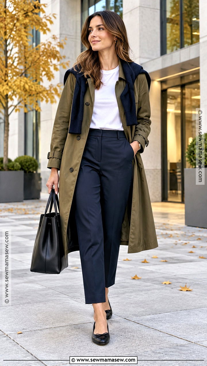 Olive Green Trench Coat With White Tee And Navy Trousers - 15 olive green trench coat outfit fall ideas