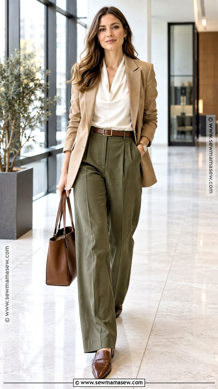 Olive Green Trousers With Ivory Blouse - 20 autumn green outfit ideas