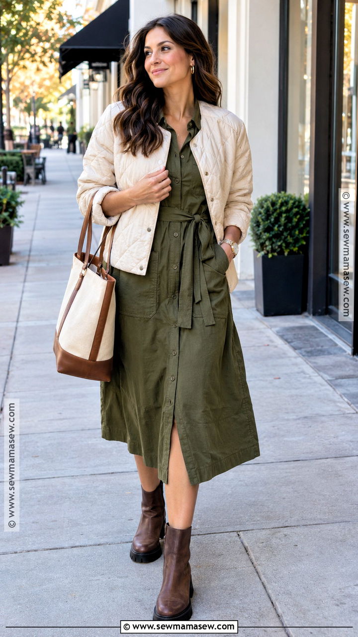 Olive Green Utility Dress With Ankle Boots - 20 Green Dress Fall Outfit Ideas