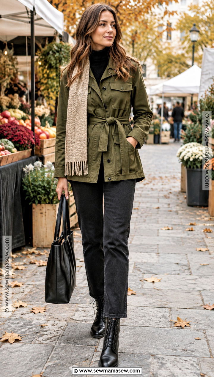 Olive Green Utility Jacket And Black Jeans Outfit - 15 Autumn Green Outfit Ideas