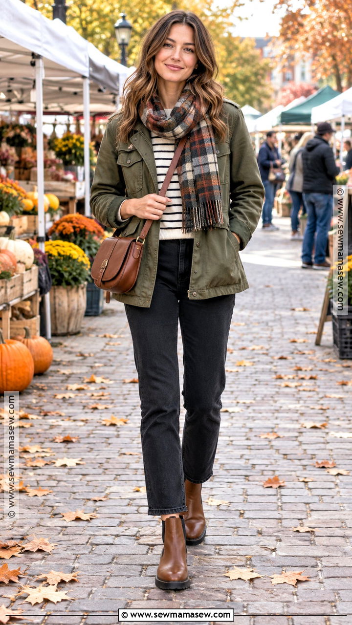 Olive Green Utility Jacket With Black Jeans - 20 autumn green outfit ideas