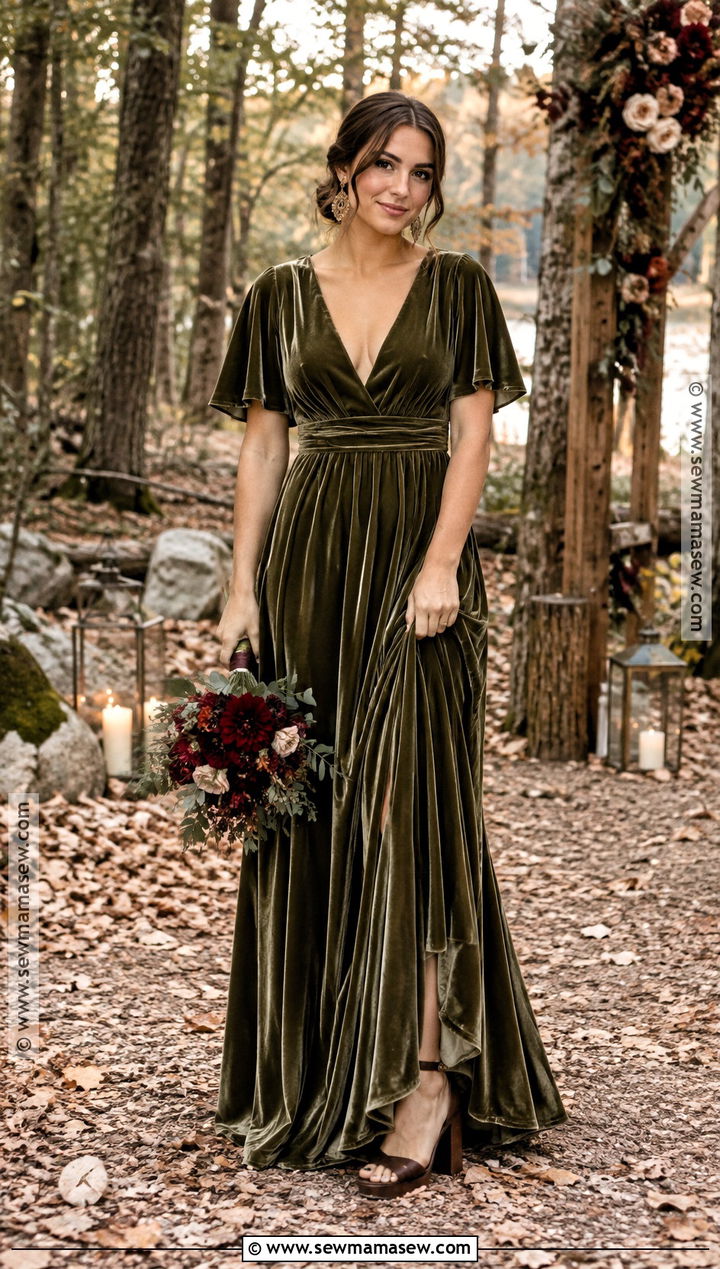 Olive Green Velvet Boho Bridesmaid Dress - 15 Fall Boho Bridesmaid Dress Ideas