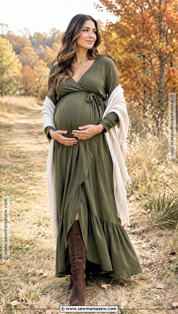 Olive Green Wrap Dress Fall Maternity Photoshoot - 20 maternity fall outfits photoshoot