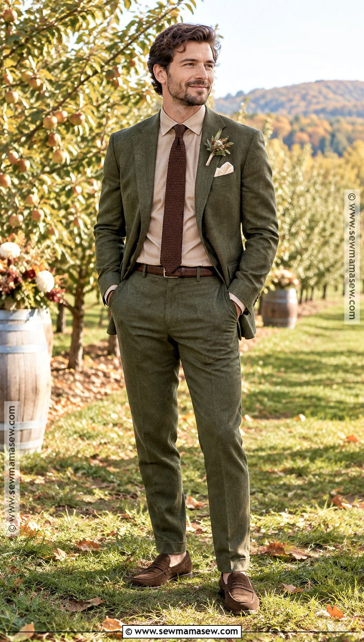 Olive Groom Suit With Beige Shirt - 20 fall groom attire ideas