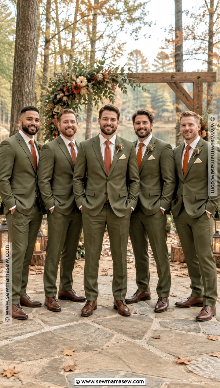 Olive Groomsmen Suit With Burnt Orange Tie - 15 groomsmen attire fall wedding color combos