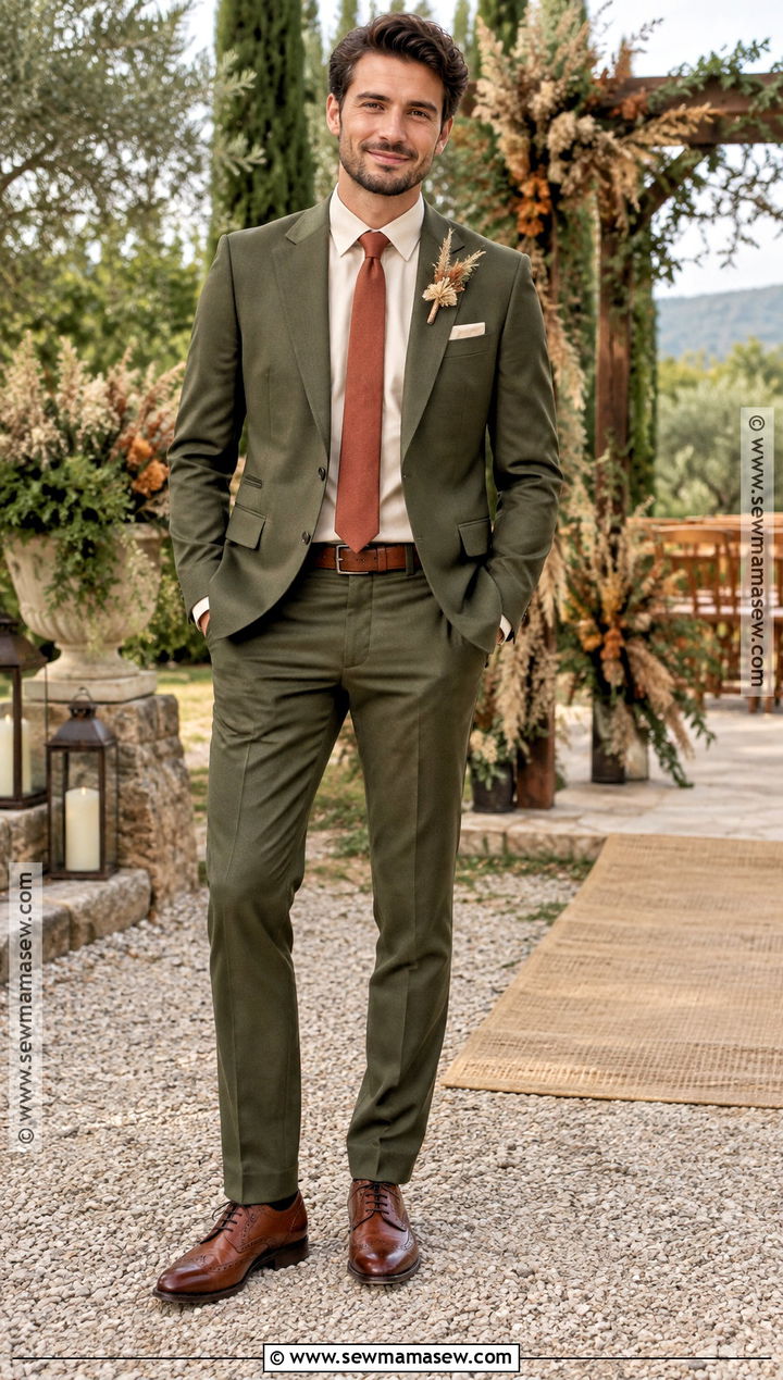 Olive Groomsmen Suit With Terracotta Tie - 25 fall groomsmen attire ideas