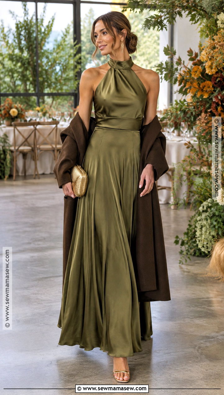 Olive Halter Fall Wedding Guest Maxi Dress - 25 fall wedding guest dress october formal ideas