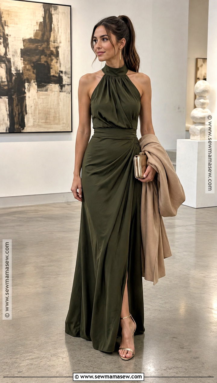 Olive Halter Neck Gown - 15 fall gowns wedding guest